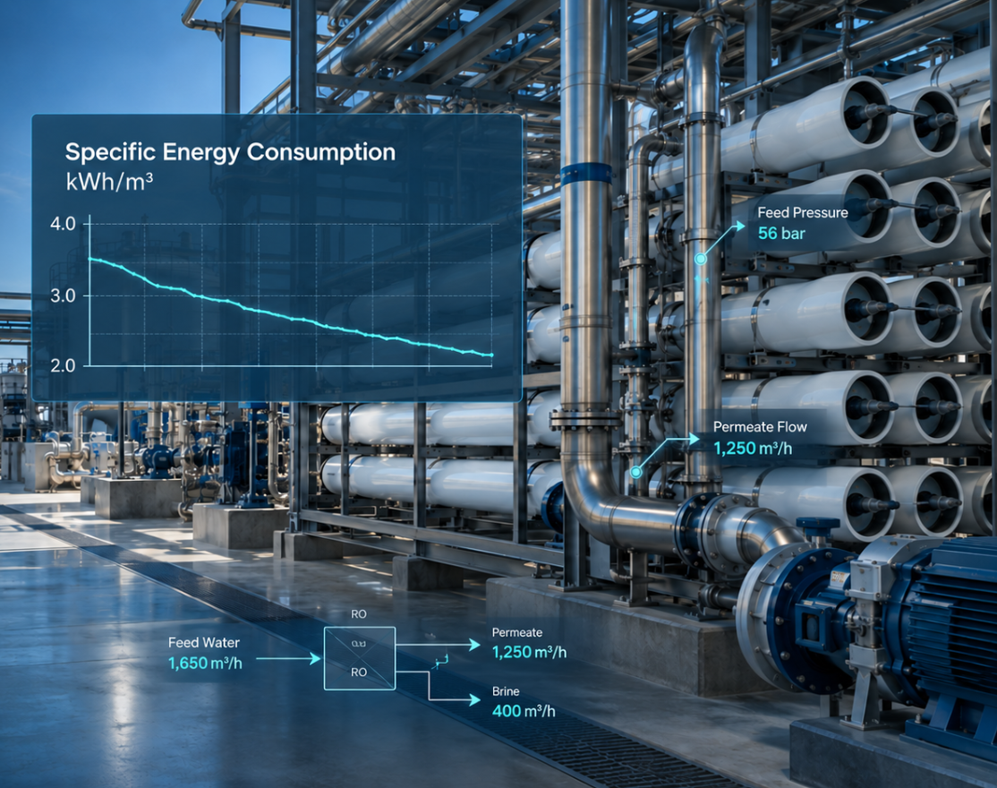 Reverse osmosis plant with performance analytics showing energy consumption, pressure and flow